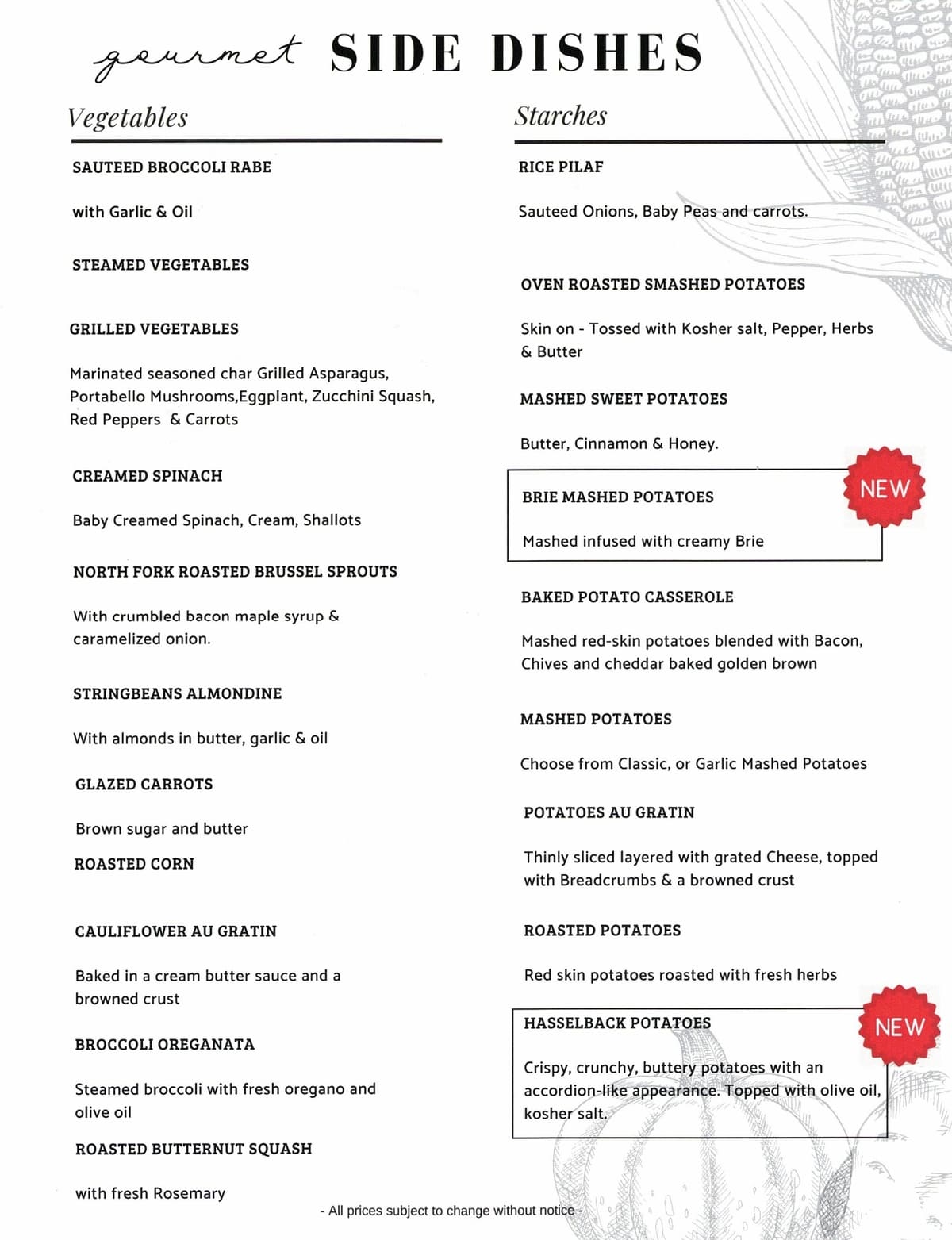 Catering Menu - Gourmet Side Dishes
