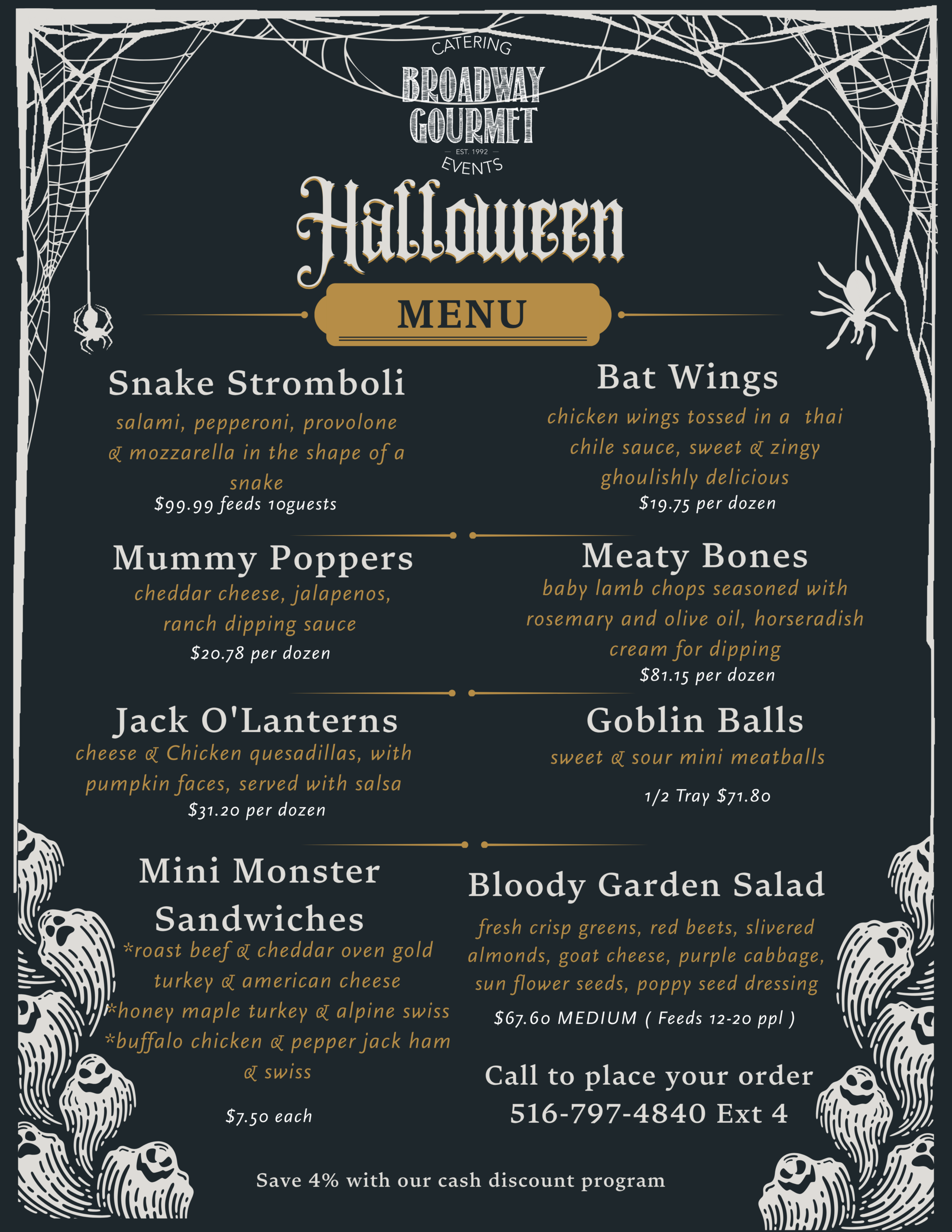 Halloween catering menu with appetizers and entrée selections