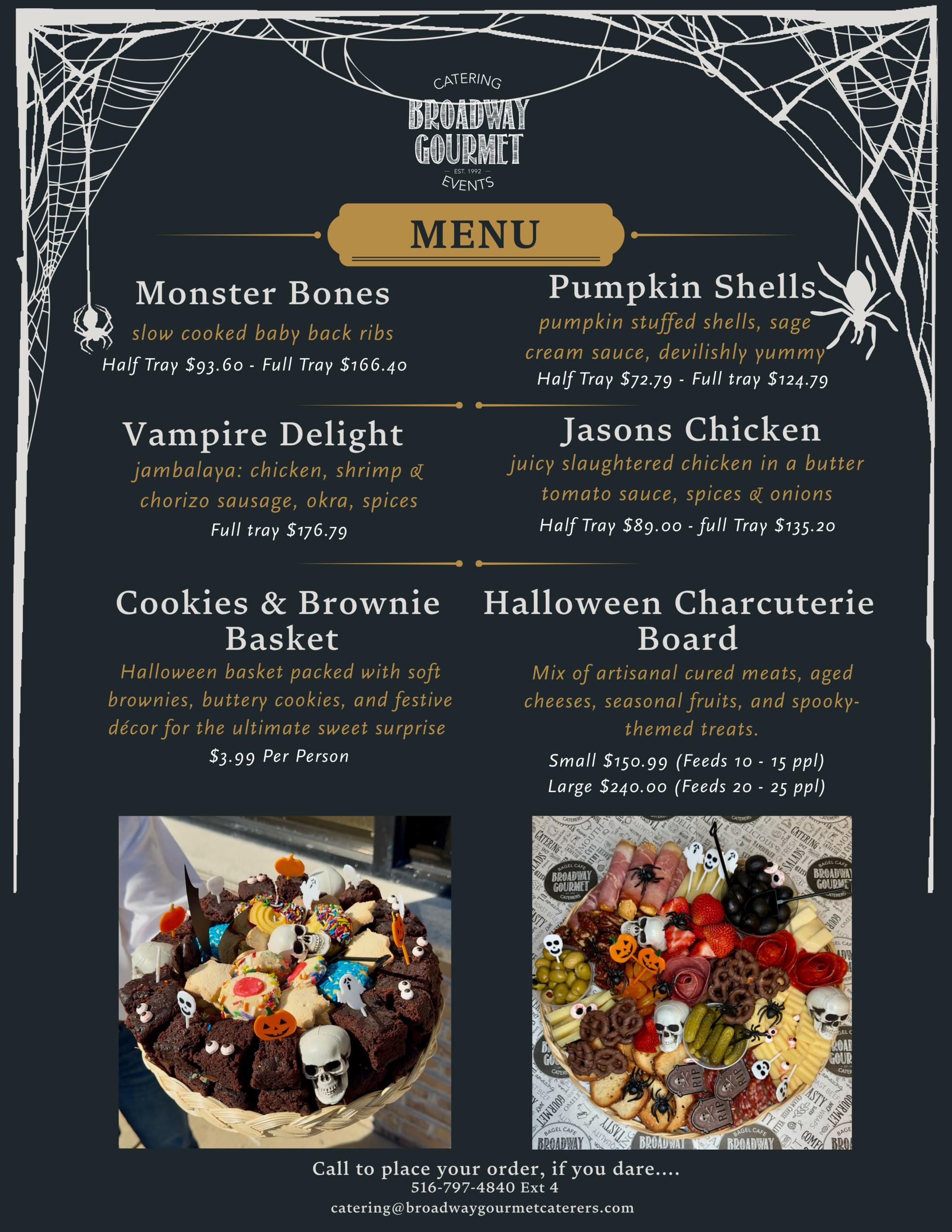 Halloween catering menu with desserts, sides, and ordering details